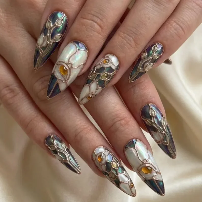 art nouveau nails, copper mosaic, press on nails, custom press on nails, fake nails, Nails Art, stained glass nails, gold press on nails, 3d press on nails, luxury press on nails, handmade press on nails