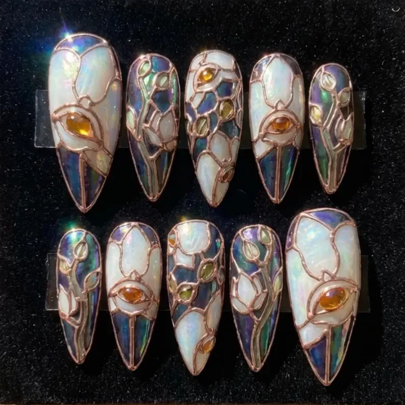 witchy false nails, mosaic nail art, press on nails, custom press on nails, fake nails, Nails Art, stained glass nails, gold press on nails, 3d press on nails, luxury press on nails, handmade press on nails