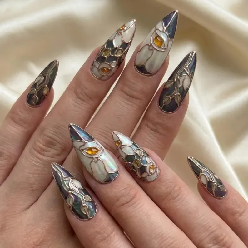 eye themed nails, false nail set, press on nails, custom press on nails, fake nails, Nails Art, stained glass nails, gold press on nails, 3d press on nails, luxury press on nails, handmade press on nails