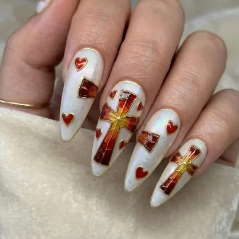 stained glass nails, 3D cross nails, press on nails, custom press on nails, fake nails, Nails Art, gold press on nails, 3d press on nails, luxury press on nails, handmade press on nails