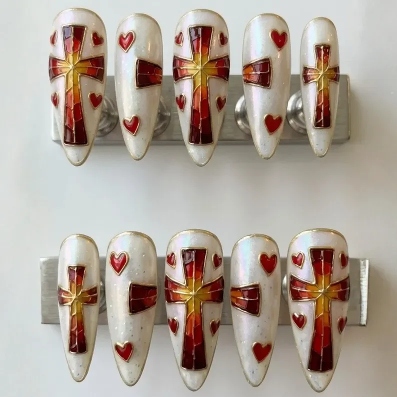 cathedral inspired, faith cross, press on nails, custom press on nails, fake nails, Nails Art, stained glass nails, gold press on nails, 3d press on nails, luxury press on nails, handmade press on nails