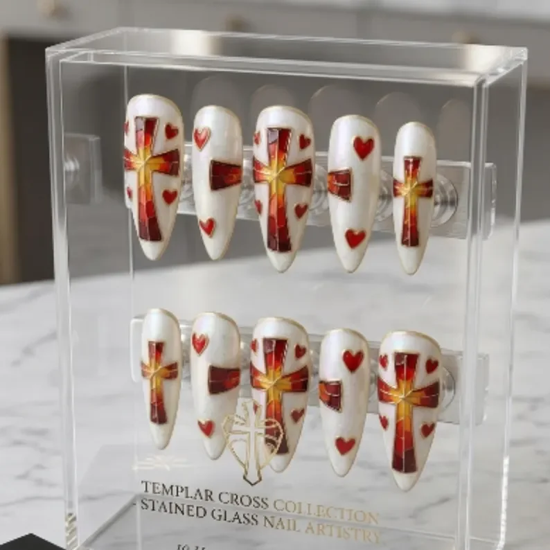 cross and heart, stained glass nails, press on nails, custom press on nails, fake nails, Nails Art, gold press on nails, 3d press on nails, luxury press on nails, handmade press on nails