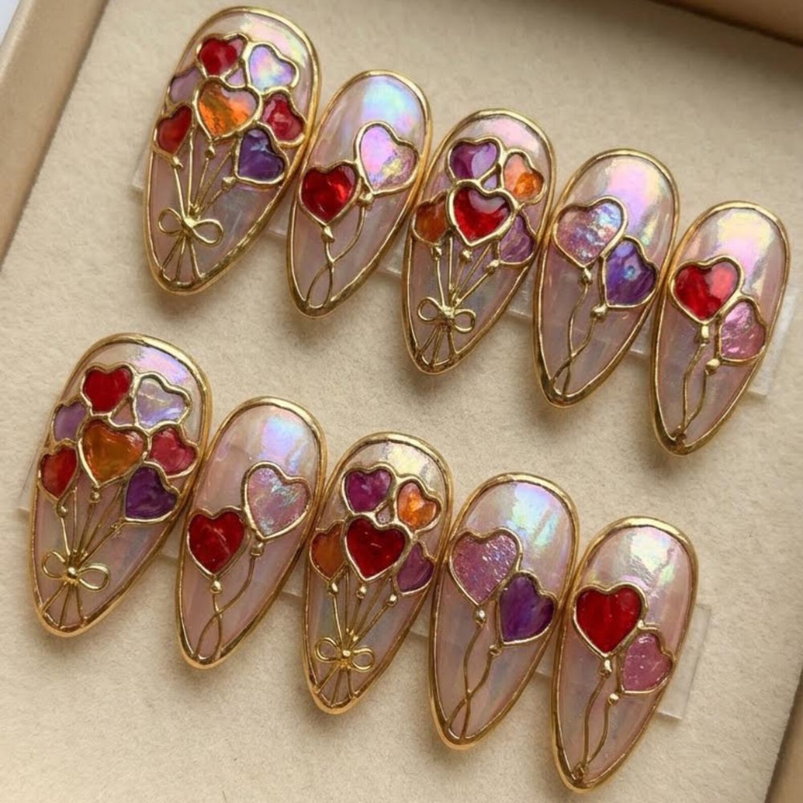 stained glass nails, heart balloon nails, press on nails, custom press on nails, fake nails, Nails Art, gold press on nails, 3d press on nails, luxury press on nails, handmade press on nails