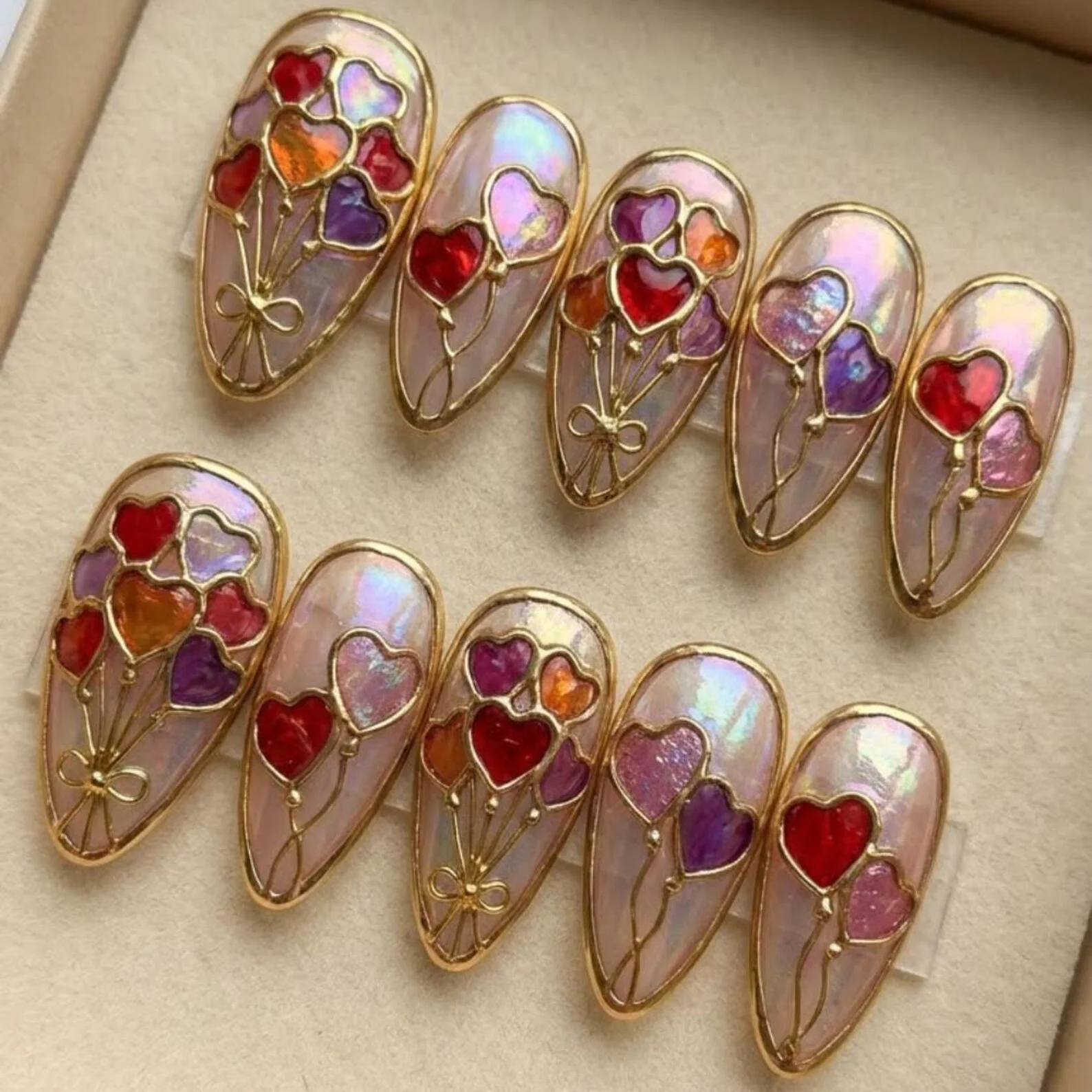 stained glass nails, heart balloon nails, press on nails, custom press on nails, fake nails, Nails Art, gold press on nails, 3d press on nails, luxury press on nails, handmade press on nails
