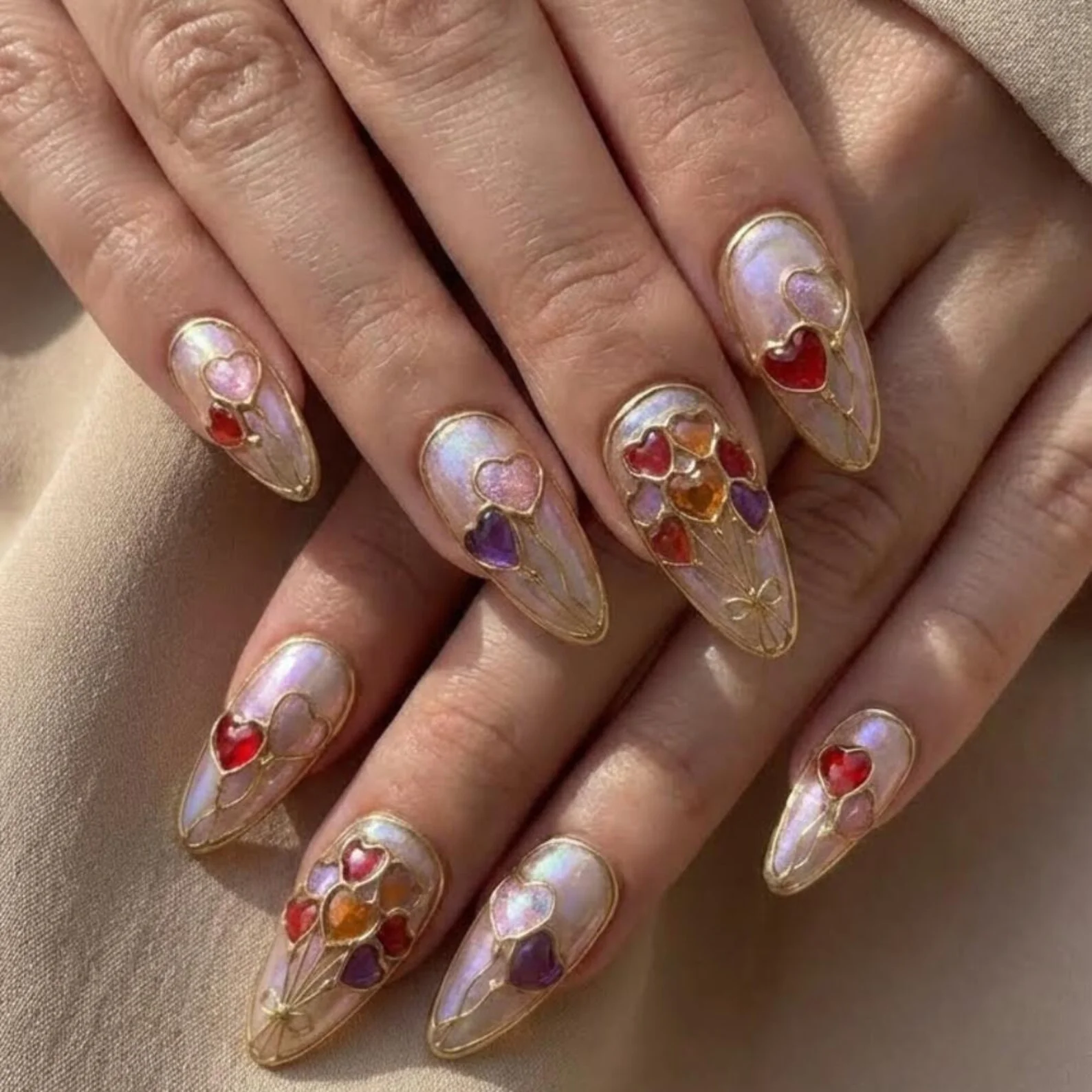 valentine's day nails, gold filigree nail art, press on nails, custom press on nails, fake nails, Nails Art, stained glass nails, gold press on nails, 3d press on nails, luxury press on nails, handmade press on nails