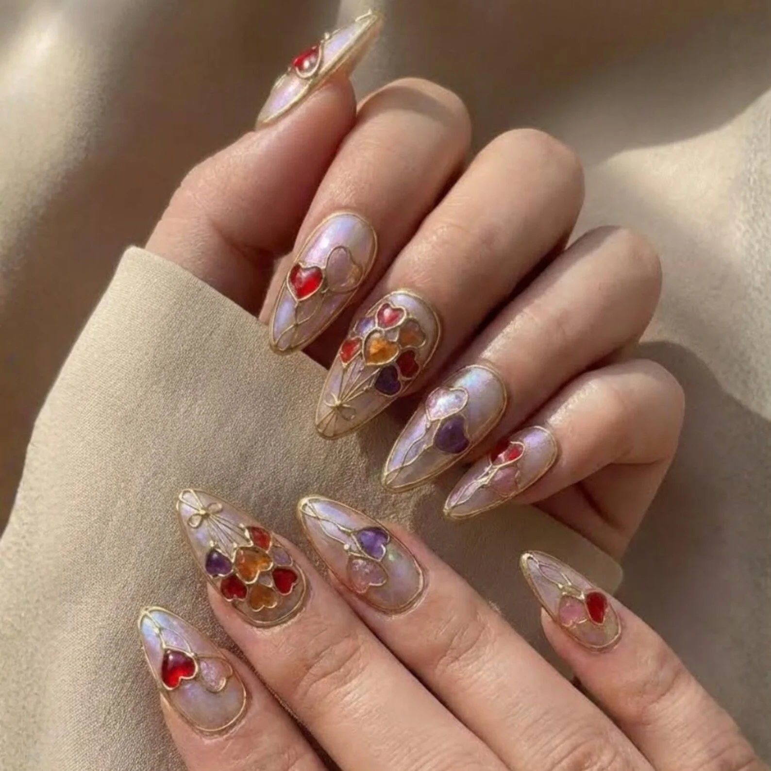 romantic heart nails, 3D heart nails, press on nails, custom press on nails, fake nails, Nails Art, stained glass nails, gold press on nails, 3d press on nails, luxury press on nails, handmade press on nails