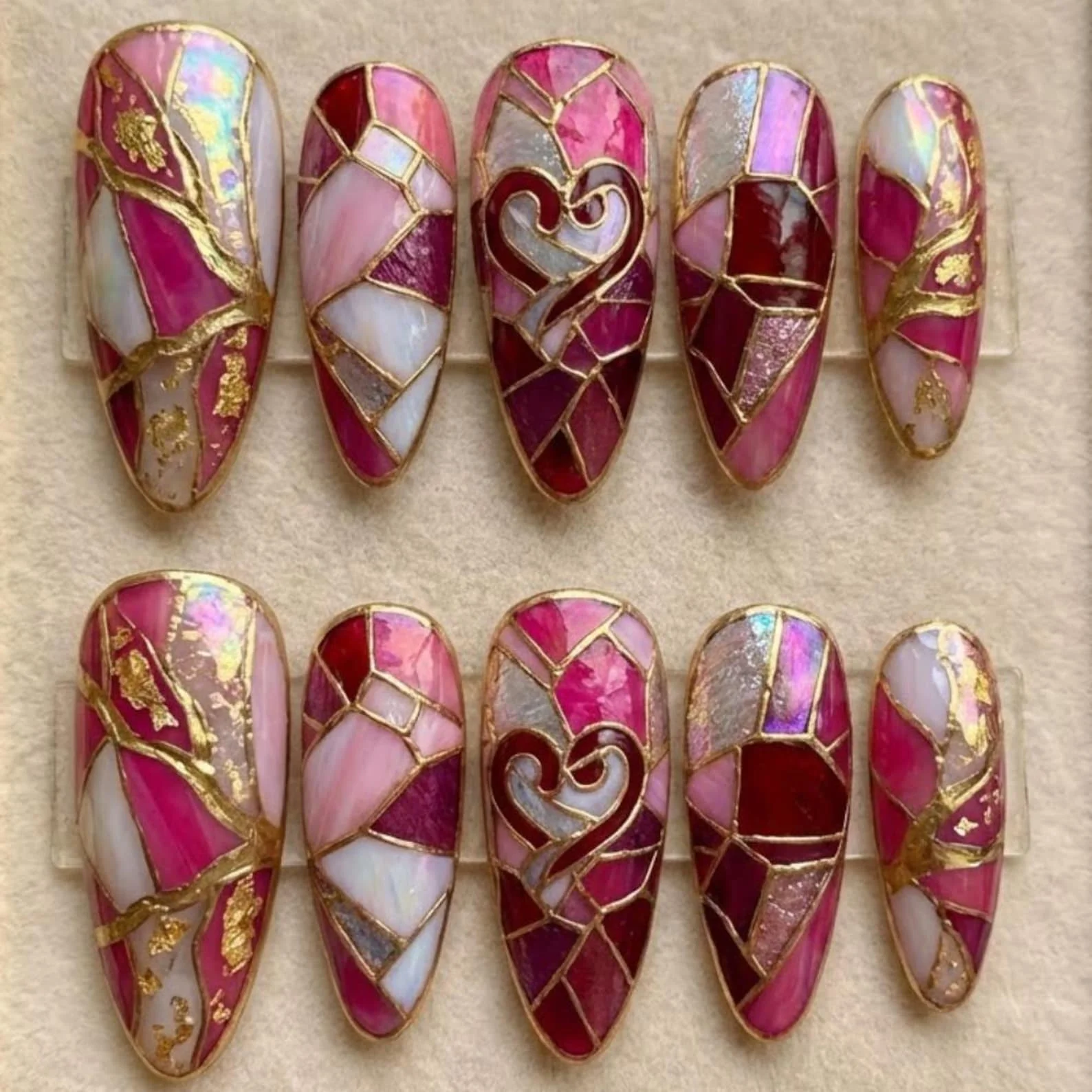 stained glass nails, heart press on, press on nails, custom press on nails, fake nails, Nails Art, gold press on nails, 3d press on nails, luxury press on nails, handmade press on nails