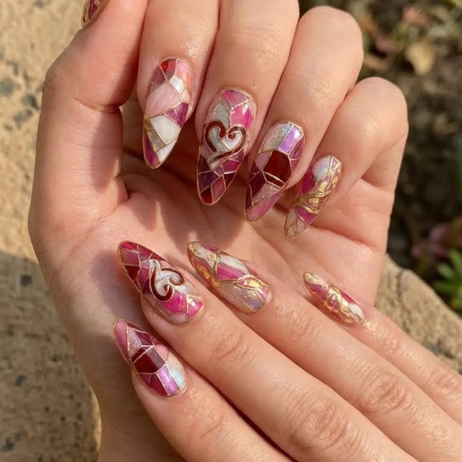 gold foil mosaic, heart nail design, press on nails, custom press on nails, fake nails, Nails Art, stained glass nails, gold press on nails, 3d press on nails, luxury press on nails, handmade press on nails