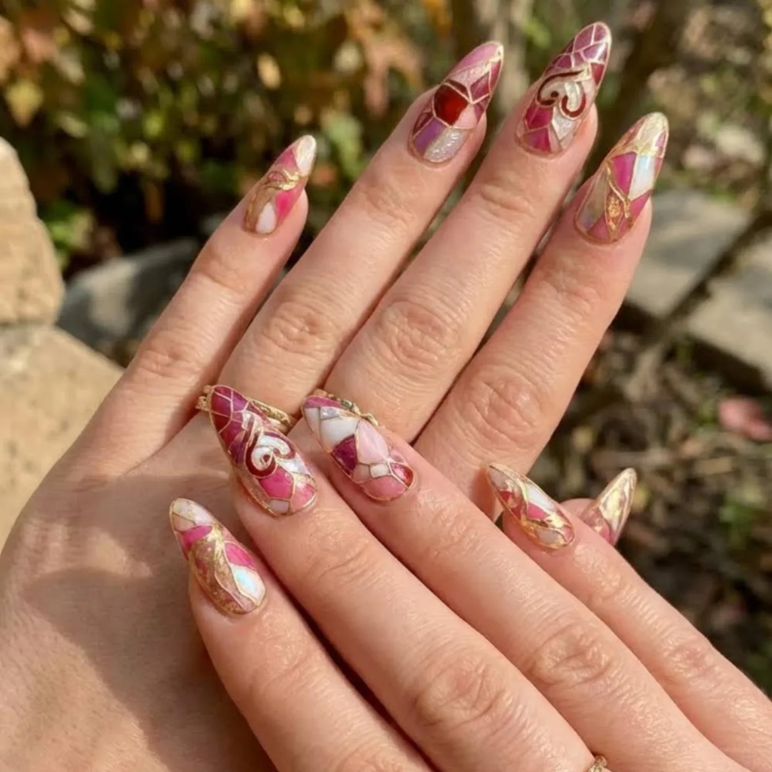 gold foil nails, mosaic nail art, press on nails, custom press on nails, fake nails, Nails Art, stained glass nails, gold press on nails, 3d press on nails, luxury press on nails, handmade press on nails