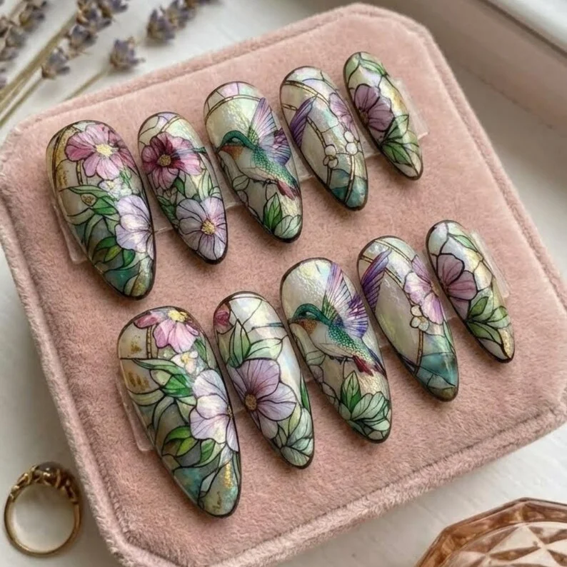 purple pink floral, floral nail art, press on nails, custom press on nails, fake nails, Nails Art, stained glass nails, gold press on nails, 3d press on nails, luxury press on nails, handmade press on nails