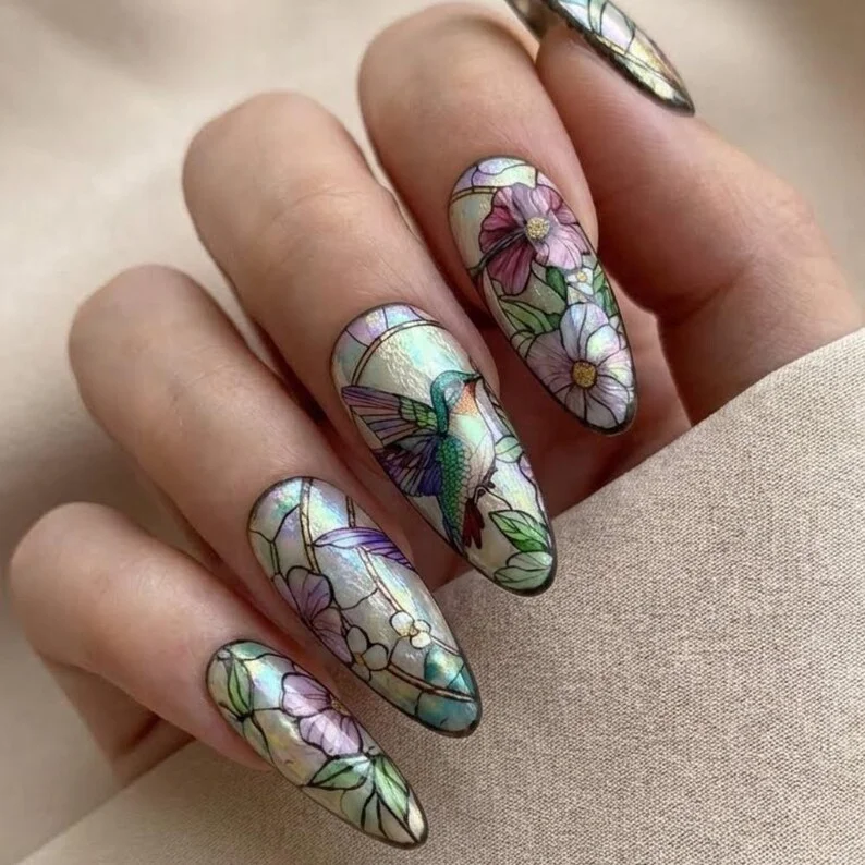 hummingbird nail design, stained glass nail art, press on nails, custom press on nails, fake nails, Nails Art, stained glass nails, gold press on nails, 3d press on nails, luxury press on nails, handmade press on nails