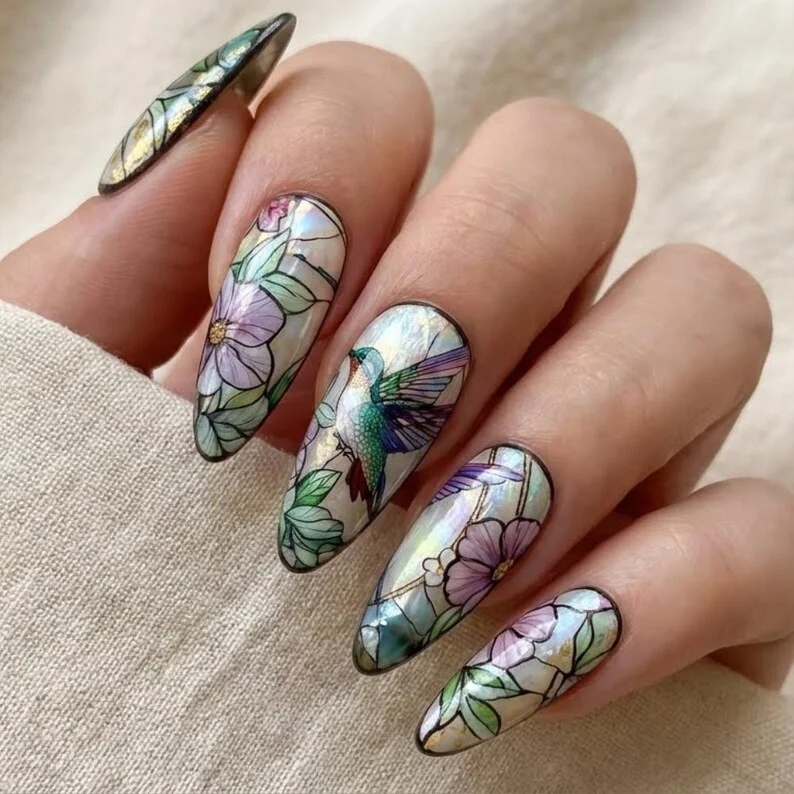 stained glass nails, hummingbird press on, press on nails, custom press on nails, fake nails, Nails Art, gold press on nails, 3d press on nails, luxury press on nails, handmade press on nails