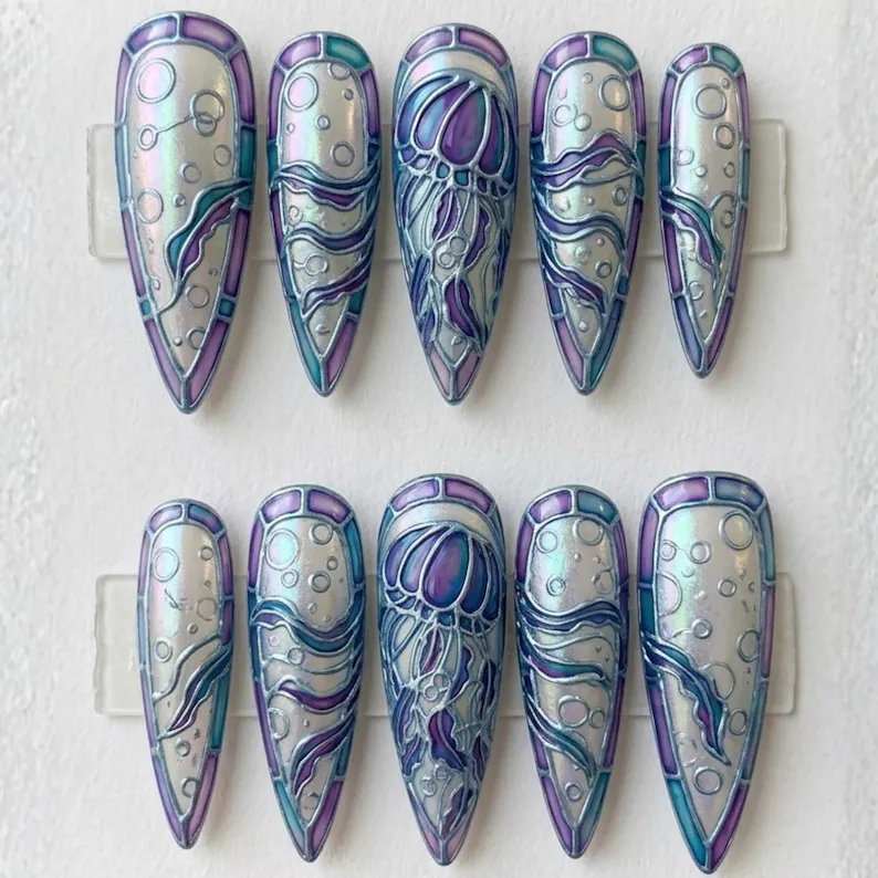 luxury press on, iridescent ocean, press on nails, custom press on nails, fake nails, Nails Art, stained glass nails, gold press on nails, 3d press on nails, luxury press on nails, handmade press on nails