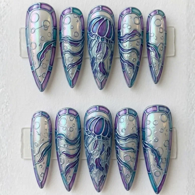 stained glass nails, jellyfish press on, press on nails, custom press on nails, fake nails, Nails Art, gold press on nails, 3d press on nails, luxury press on nails, handmade press on nails