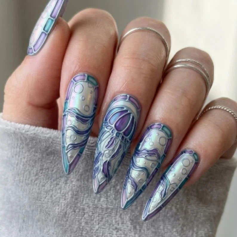 luxury press on, iridescent ocean, press on nails, custom press on nails, fake nails, Nails Art, stained glass nails, gold press on nails, 3d press on nails, luxury press on nails, handmade press on nails