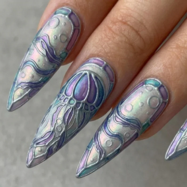 ocean art nails, ocean themed manicure, press on nails, custom press on nails, fake nails, Nails Art, stained glass nails, gold press on nails, 3d press on nails, luxury press on nails, handmade press on nails