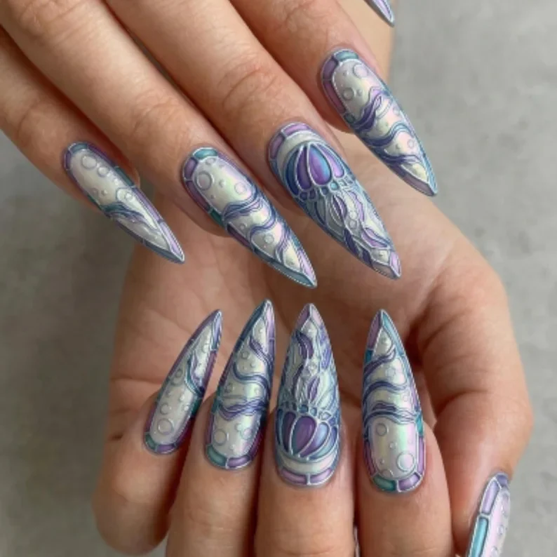 iridescent press ons, luxury nail set, press on nails, custom press on nails, fake nails, Nails Art, stained glass nails, gold press on nails, 3d press on nails, luxury press on nails, handmade press on nails