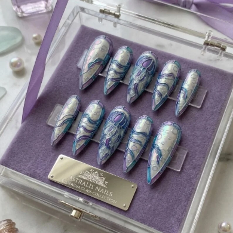 stained glass nails, jellyfish press on, press on nails, custom press on nails, fake nails, Nails Art, gold press on nails, 3d press on nails, luxury press on nails, handmade press on nails