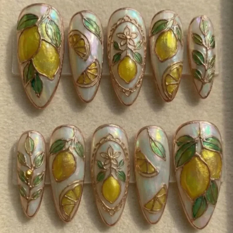stained glass nails, lemon press on, press on nails, custom press on nails, fake nails, Nails Art, gold press on nails, 3d press on nails, luxury press on nails, handmade press on nails