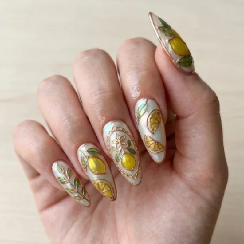 rose gold citrus, citrus art nails, press on nails, custom press on nails, fake nails, Nails Art, stained glass nails, gold press on nails, 3d press on nails, luxury press on nails, handmade press on nails