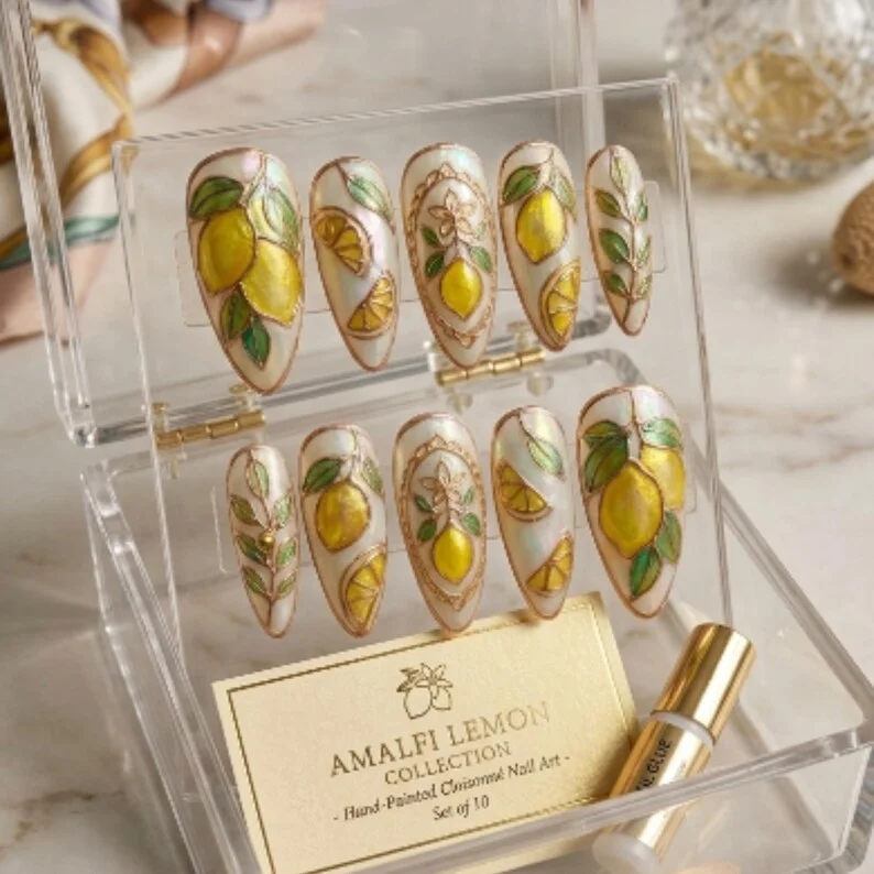 stained glass nails, lemon press on, press on nails, custom press on nails, fake nails, Nails Art, gold press on nails, 3d press on nails, luxury press on nails, handmade press on nails
