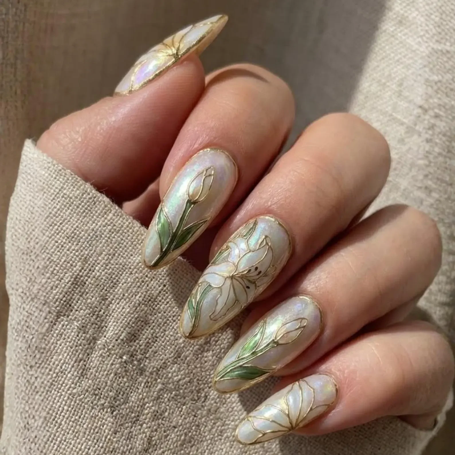 3D gold floral, pearl mosaic, press on nails, custom press on nails, fake nails, Nails Art, stained glass nails, gold press on nails, 3d press on nails, luxury press on nails, handmade press on nails