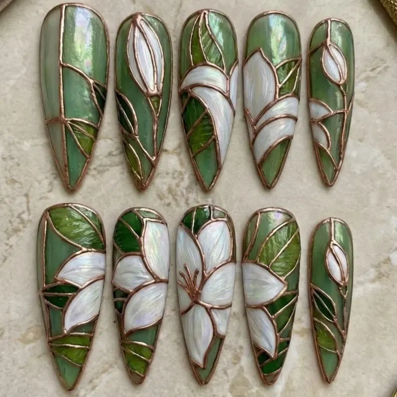 stained glass nails, lily press on, press on nails, custom press on nails, fake nails, Nails Art, gold press on nails, 3d press on nails, luxury press on nails, handmade press on nails