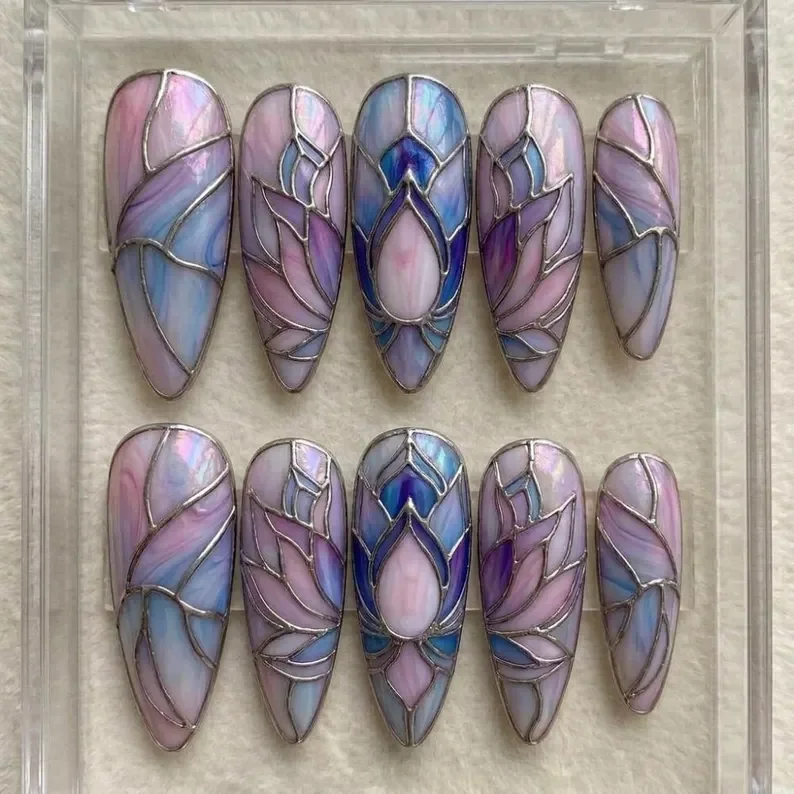 stained glass nails, lotus press on, press on nails, custom press on nails, fake nails, Nails Art, gold press on nails, 3d press on nails, luxury press on nails, handmade press on nails
