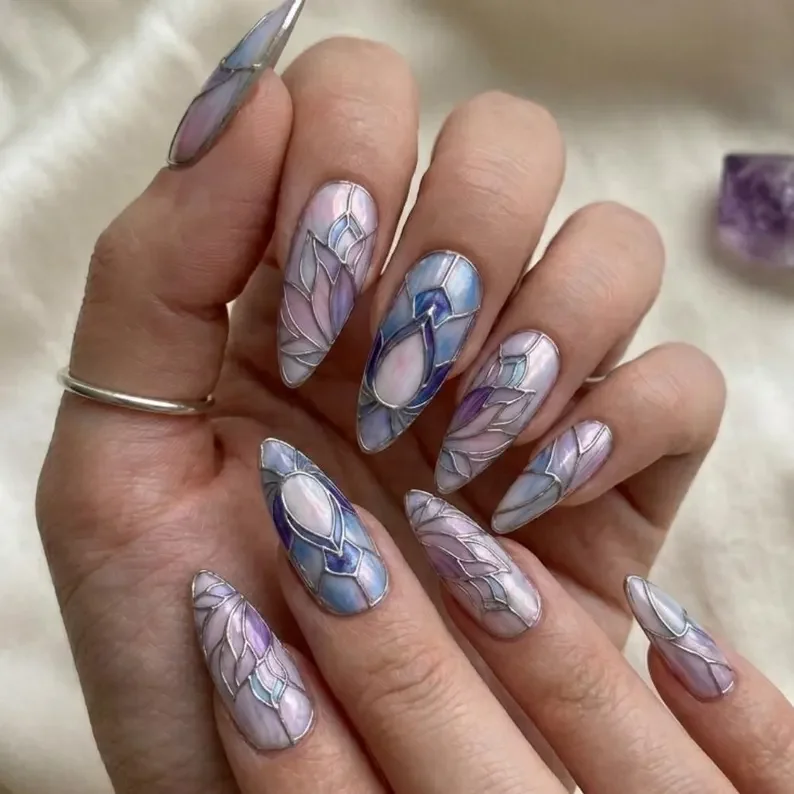 iridescent opal, chrome art nails, press on nails, custom press on nails, fake nails, Nails Art, stained glass nails, gold press on nails, 3d press on nails, luxury press on nails, handmade press on nails