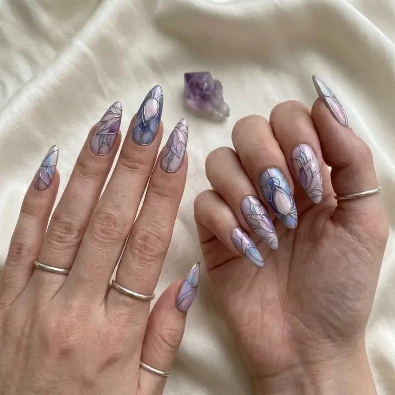 iridescent false nails, lotus nail set, press on nails, custom press on nails, fake nails, Nails Art, stained glass nails, gold press on nails, 3d press on nails, luxury press on nails, handmade press on nails