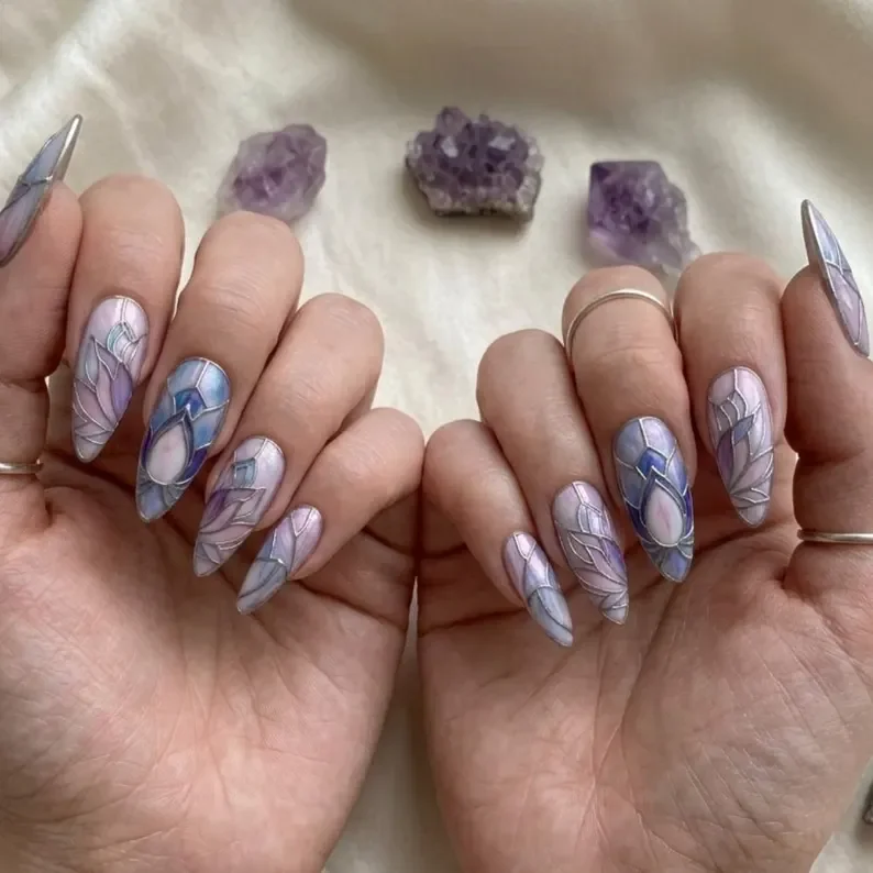 stained glass nails, lotus press on, press on nails, custom press on nails, fake nails, Nails Art, gold press on nails, 3d press on nails, luxury press on nails, handmade press on nails