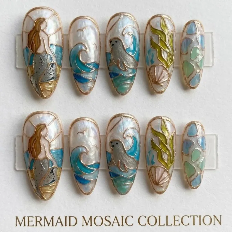 ocean mosaic, hand-painted nails, press on nails, custom press on nails, fake nails, Nails Art, stained glass nails, gold press on nails, 3d press on nails, luxury press on nails, handmade press on nails