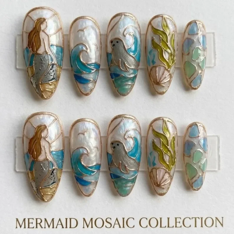 stained glass nails, mermaid press on, press on nails, custom press on nails, fake nails, Nails Art, gold press on nails, 3d press on nails, luxury press on nails, handmade press on nails