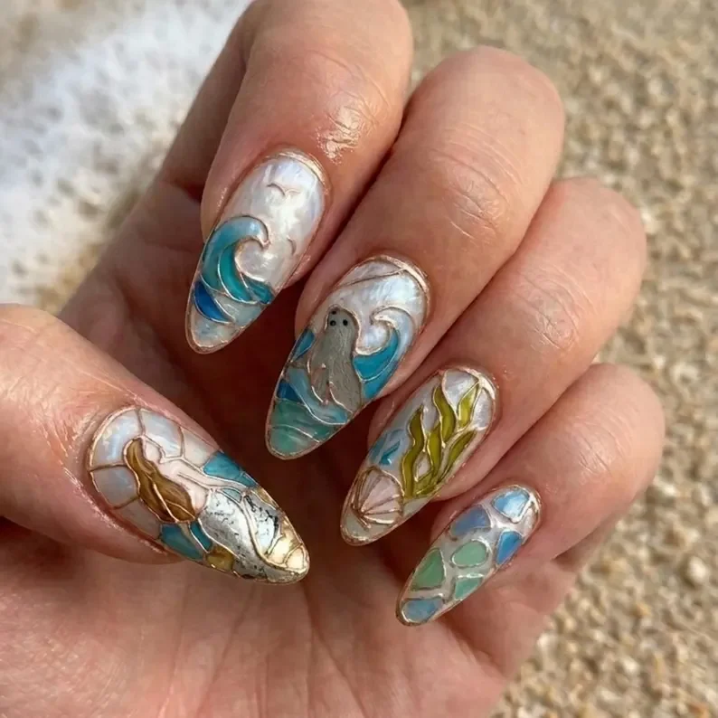 ocean mosaic, hand-painted nails, press on nails, custom press on nails, fake nails, Nails Art, stained glass nails, gold press on nails, 3d press on nails, luxury press on nails, handmade press on nails