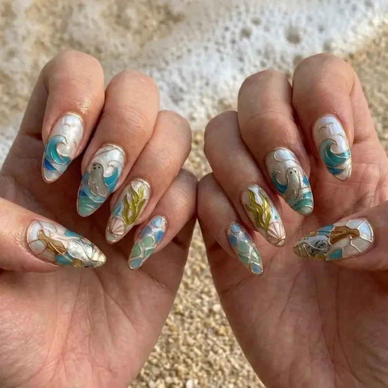 fake press on, ocean themed nails, press on nails, custom press on nails, fake nails, Nails Art, stained glass nails, gold press on nails, 3d press on nails, luxury press on nails, handmade press on nails