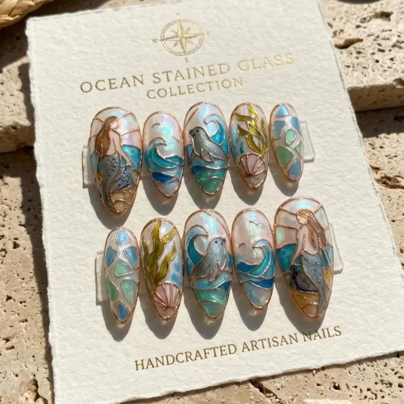 mosaic nail art, mermaid fake nails, press on nails, custom press on nails, fake nails, Nails Art, stained glass nails, gold press on nails, 3d press on nails, luxury press on nails, handmade press on nails