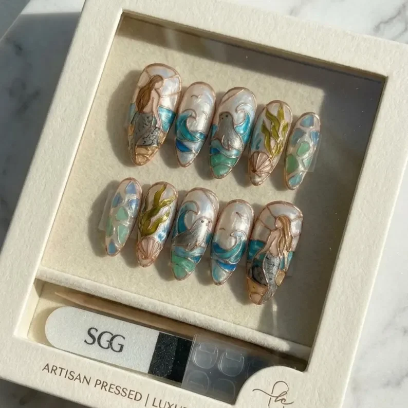 stained glass nails, mermaid press on, press on nails, custom press on nails, fake nails, Nails Art, gold press on nails, 3d press on nails, luxury press on nails, handmade press on nails