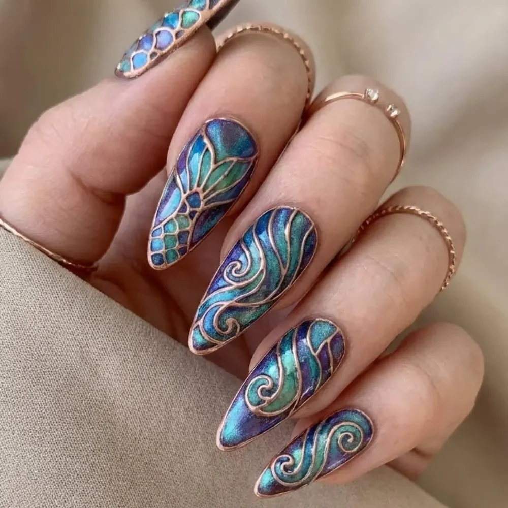 stained glass nails, mermaid press on, press on nails, custom press on nails, fake nails, Nails Art, gold press on nails, 3d press on nails, luxury press on nails, handmade press on nails