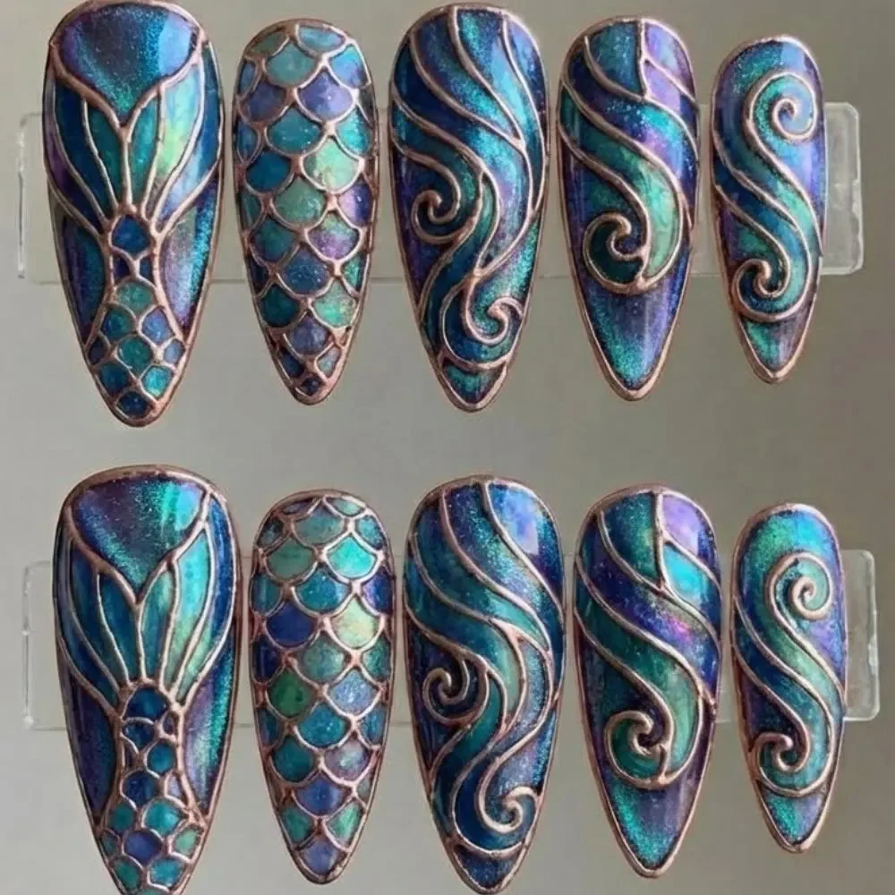 rose gold nails, iridescent scales, press on nails, custom press on nails, fake nails, Nails Art, stained glass nails, gold press on nails, 3d press on nails, luxury press on nails, handmade press on nails