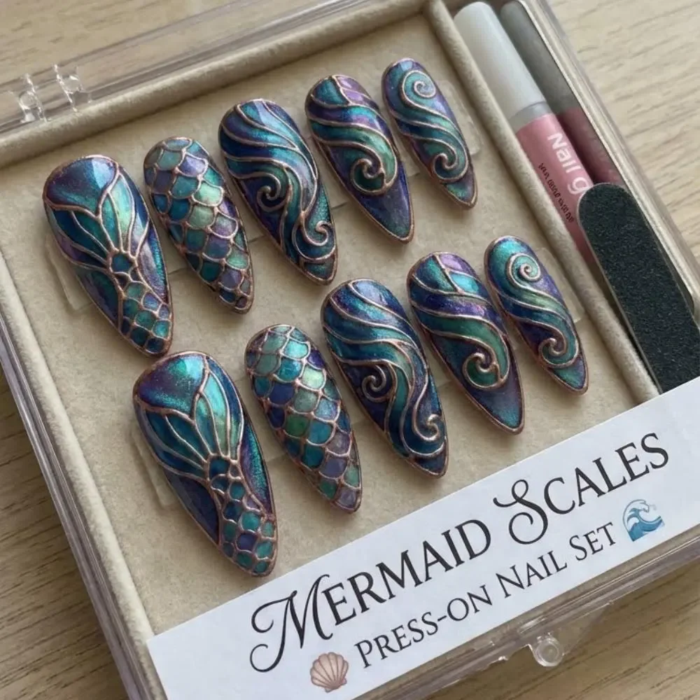 beach mermaid nails, glossy iridescent, press on nails, custom press on nails, fake nails, Nails Art, stained glass nails, gold press on nails, 3d press on nails, luxury press on nails, handmade press on nails
