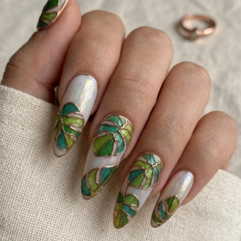 tropical leaf art, press on nail set, press on nails, custom press on nails, fake nails, Nails Art, stained glass nails, gold press on nails, 3d press on nails, luxury press on nails, handmade press on nails