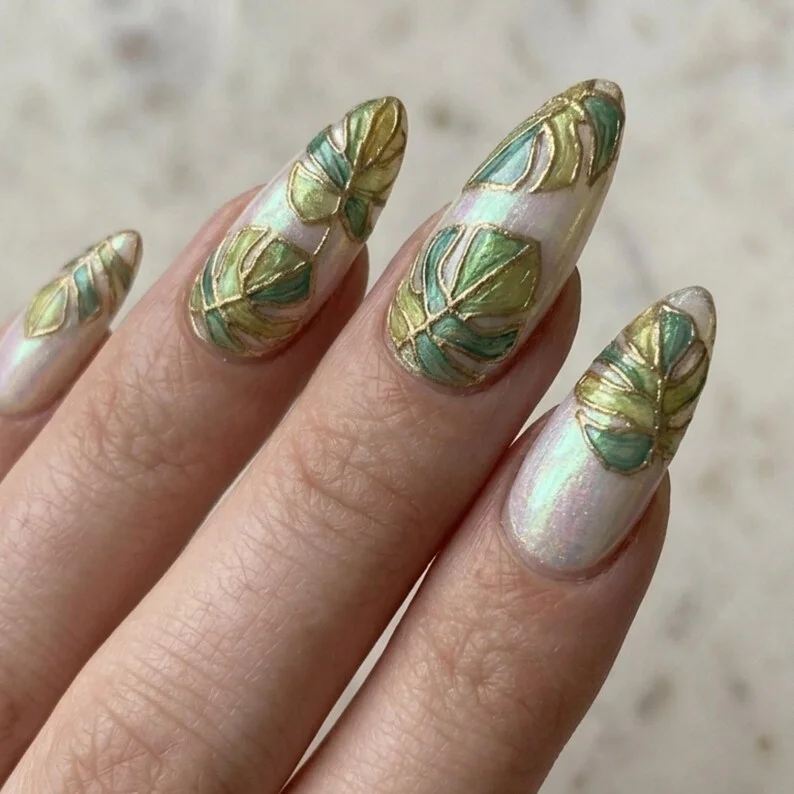 faux stained glass, leaf nail design, press on nails, custom press on nails, fake nails, Nails Art, stained glass nails, gold press on nails, 3d press on nails, luxury press on nails, handmade press on nails