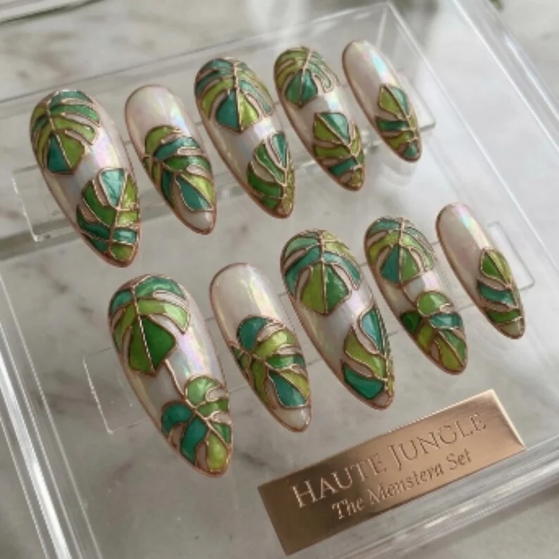 stained glass nails, monstera press on, press on nails, custom press on nails, fake nails, Nails Art, gold press on nails, 3d press on nails, luxury press on nails, handmade press on nails