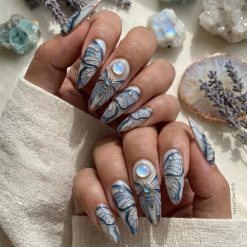 rose gold nails, 3D butterfly, press on nails, custom press on nails, fake nails, Nails Art, stained glass nails, gold press on nails, 3d press on nails, luxury press on nails, handmade press on nails
