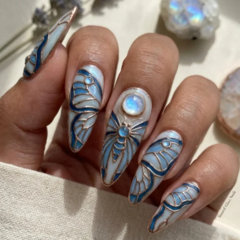 mythical butterfly, moth press on, press on nails, custom press on nails, fake nails, Nails Art, stained glass nails, gold press on nails, 3d press on nails, luxury press on nails, handmade press on nails