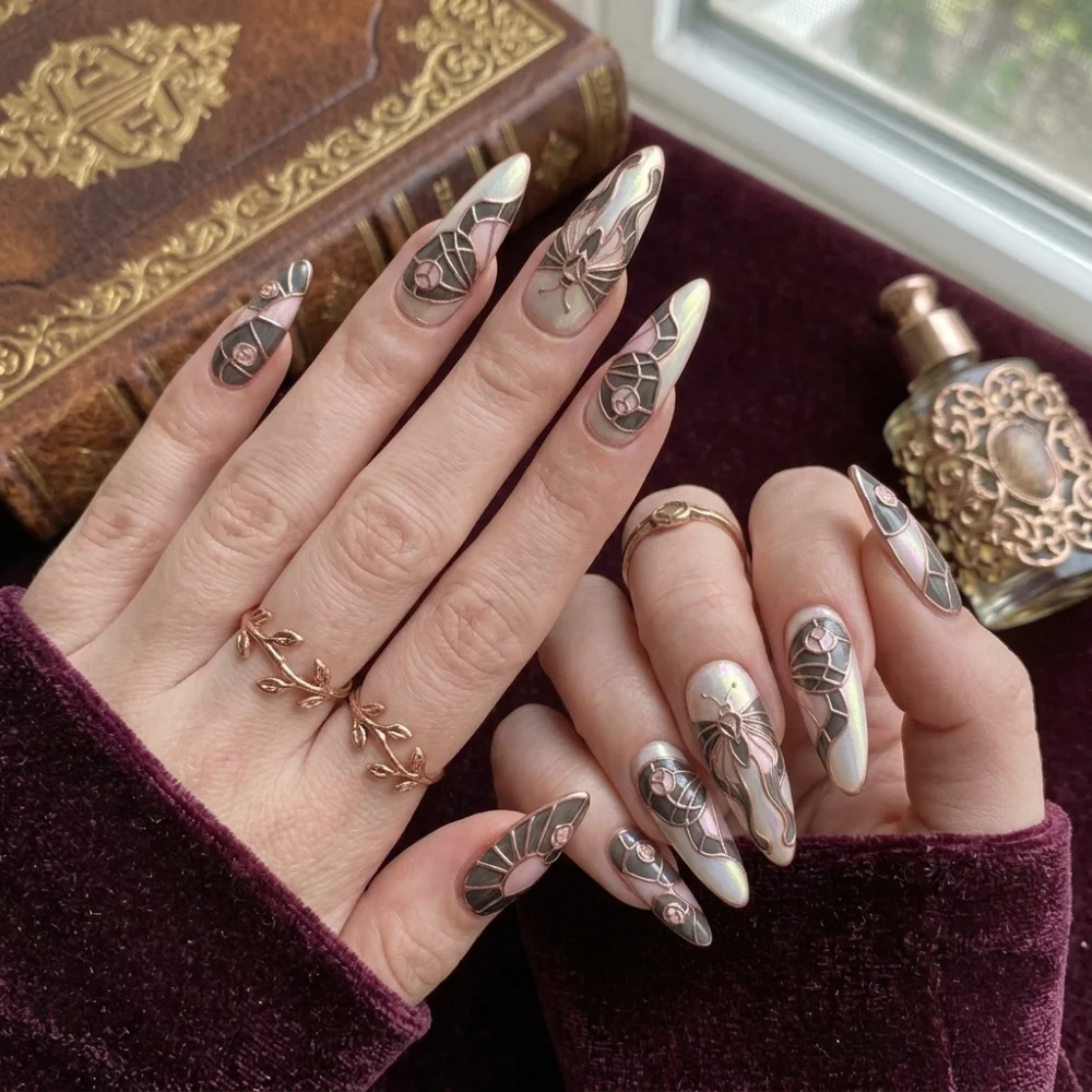rose gold nails, iridescent gothic, press on nails, custom press on nails, fake nails, Nails Art, stained glass nails, gold press on nails, 3d press on nails, luxury press on nails, handmade press on nails
