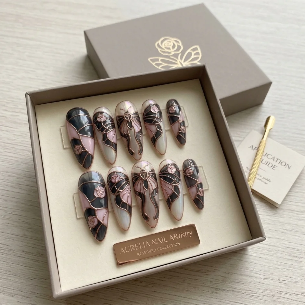 luxury false nails, whimsigoth style, press on nails, custom press on nails, fake nails, Nails Art, stained glass nails, gold press on nails, 3d press on nails, luxury press on nails, handmade press on nails
