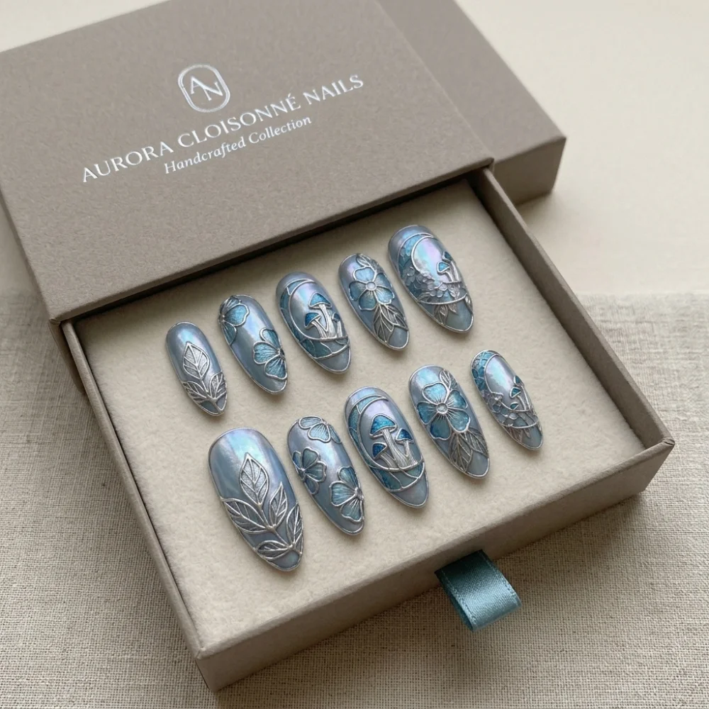 mushroom nail art, moon themed nails, press on nails, custom press on nails, fake nails, Nails Art, stained glass nails, gold press on nails, 3d press on nails, luxury press on nails, handmade press on nails