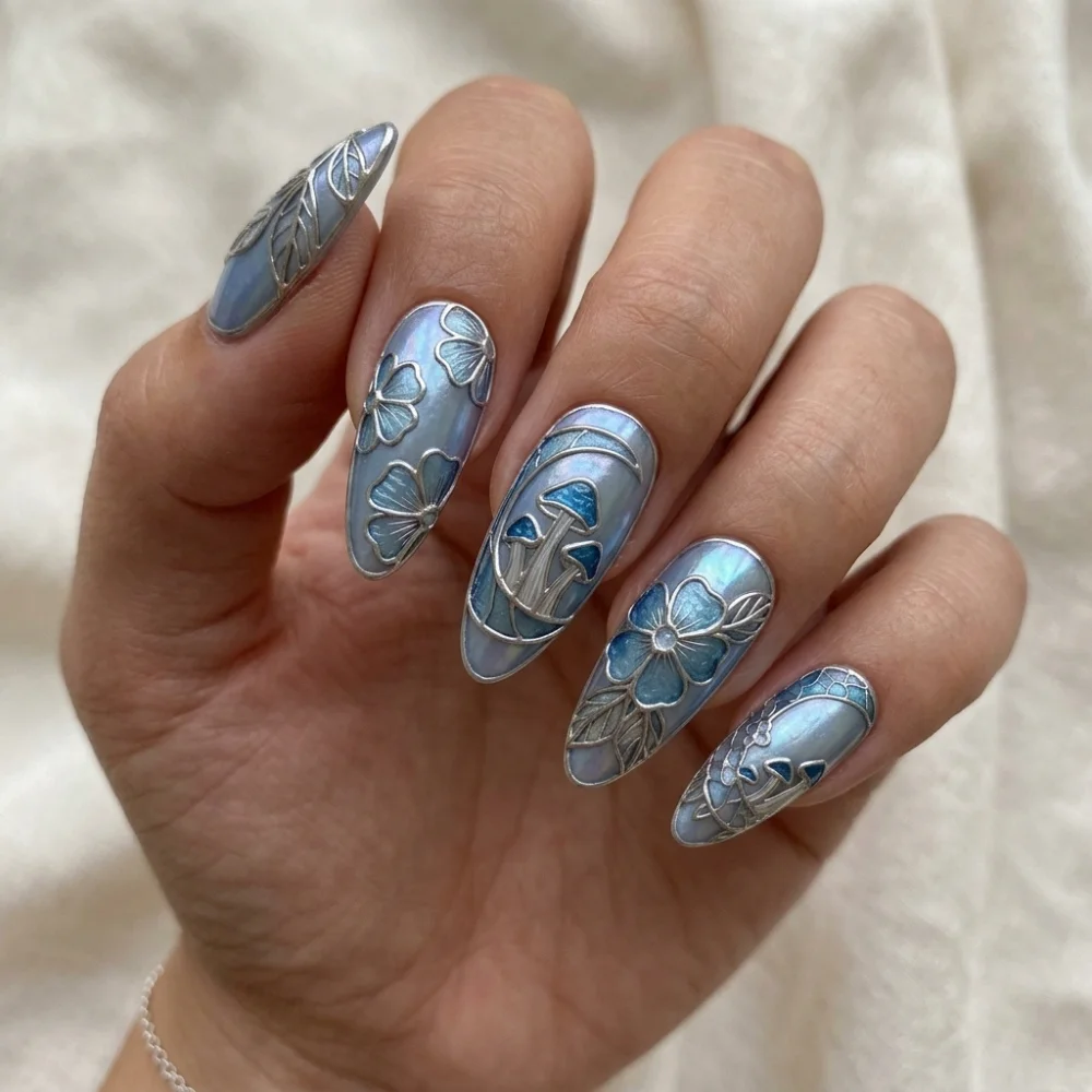 iridescent blue, silver chrome, press on nails, custom press on nails, fake nails, Nails Art, stained glass nails, gold press on nails, 3d press on nails, luxury press on nails, handmade press on nails