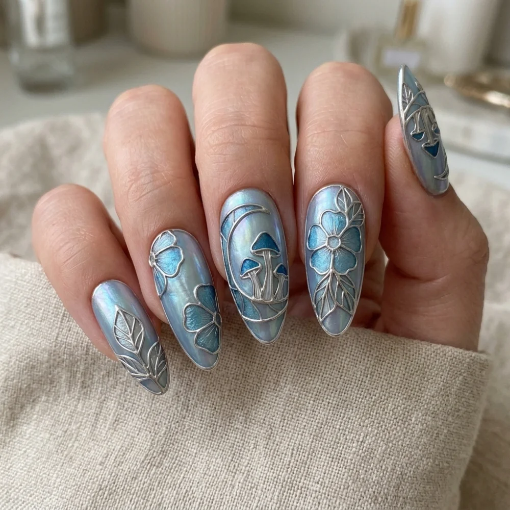 botanical floral, luxury hand painted, press on nails, custom press on nails, fake nails, Nails Art, stained glass nails, gold press on nails, 3d press on nails, luxury press on nails, handmade press on nails